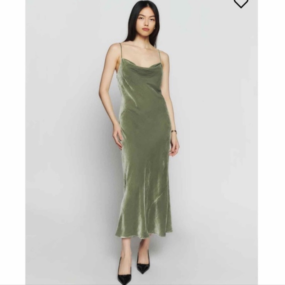 Reformation Salamanca Cowl Neck Crushed Velvet Midi Dress in Green Artichoke